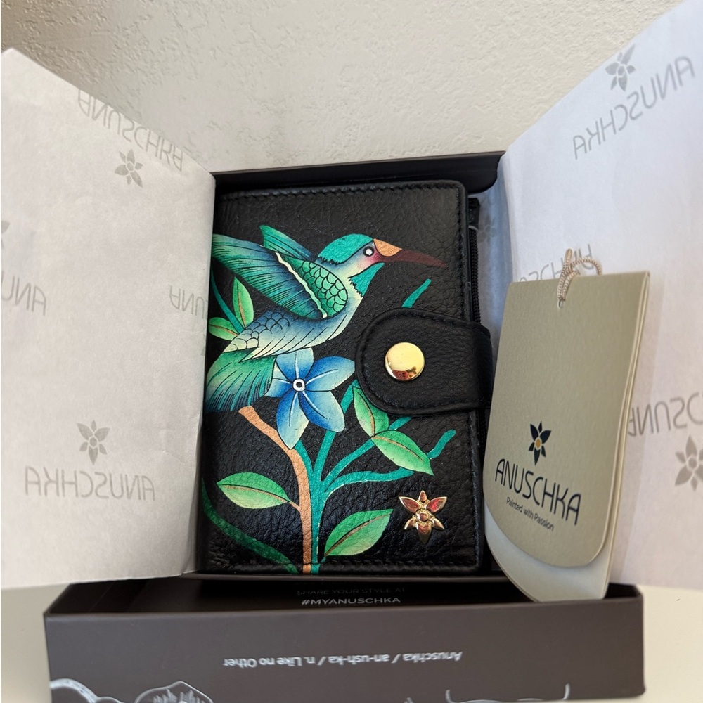 Anuschka Genuine Black Leather Wallet with Colorful Bird and Floral Art